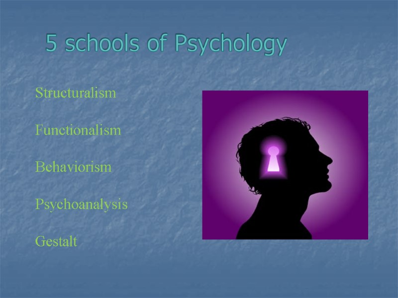 5 schools of Psychology  Structuralism  Functionalism  Behaviorism  Psychoanalysis  Gestalt